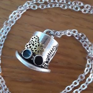 Steampunk Tophat Pendant 18" Silvertone Chain NWOT